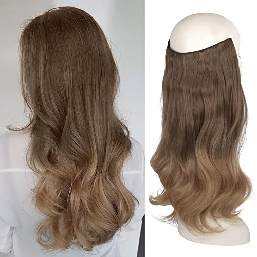 FESHFEN Invisible Wire Hair Extensions with Transparent Headband Adjustable Size One Piece Synthetic Long Curly Wavy Secret Hairpieces for Women, 18 inch