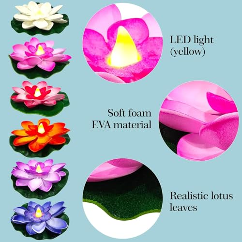 Image of LED Lotus Floating Diya| Waterproof, Battery-Powered, Realistic Lotus Flower Floating Candle for Diwali Decor, Home, Wedding, Mandir, Indoor & Outdoor Decorations (Multicolor) (Pack of 6)