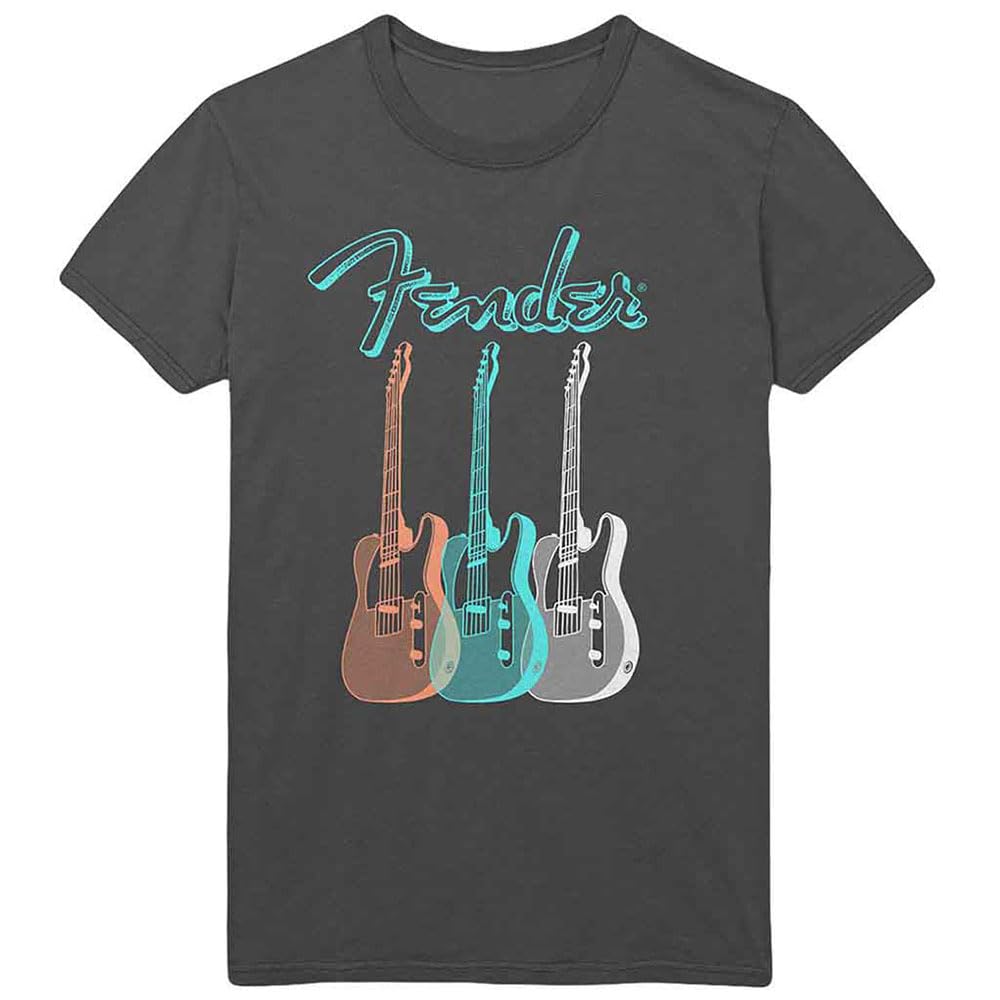 Rock Off Officially Licensed Products Men's Charcoal Fender Triple Guitar T Shirt M