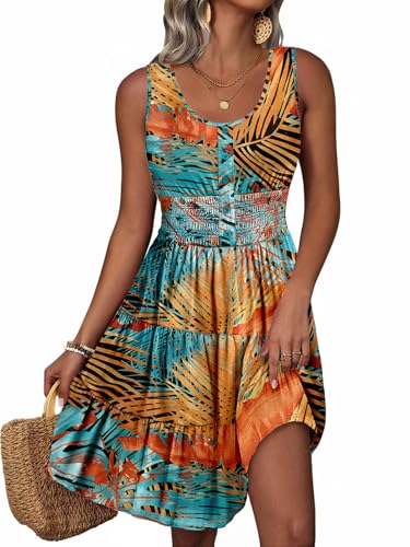 Image of Summer Dresses for Women Casual Sleeveless Sundresses Elastic Waist Mini Sun Dress