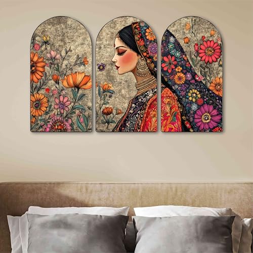 Image of Livin'luxe Traditional Indian Woman with Floral Background Wall Painting | Ethnic Lady Portrait | Set of 3 MDF Panels | Elegant Wall Art for Living Room, Bedroom & Home Decor (20 x 30 Inch) RPNS-30