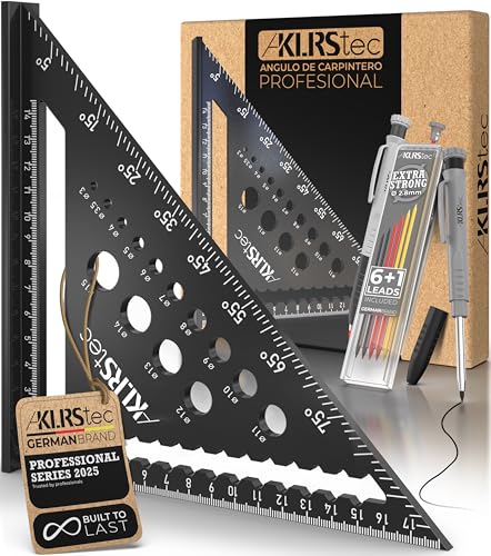KLRStec Escuadra de Carpintero Profesional – Juego de Herramientas para la madera multifunción. Lapiz de carpintero y minas de repuesto incluido [7 Piezas]