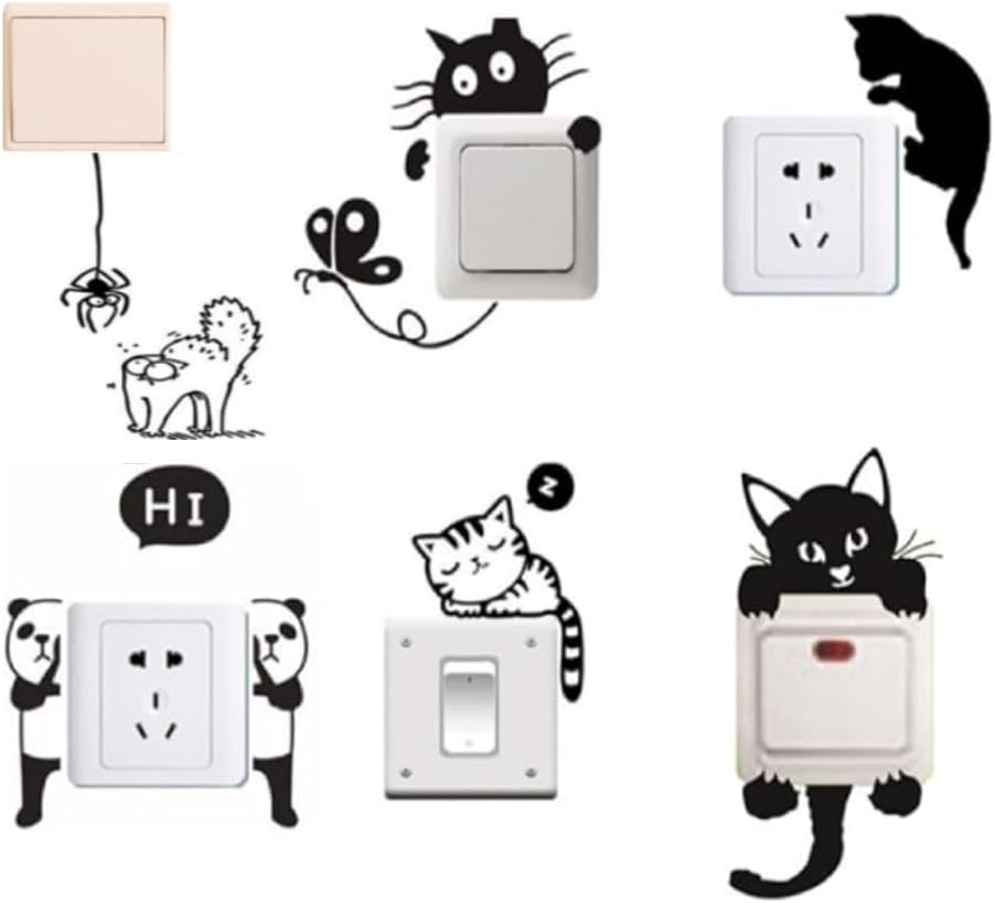 Removable Switch Sticker, 6 Pcs Cute Cats, Panda and Butterfly Cartoon Wall Sticker Decor, Family Light Switch Decals DIY Kids Bedroom Car Office Home Decoration