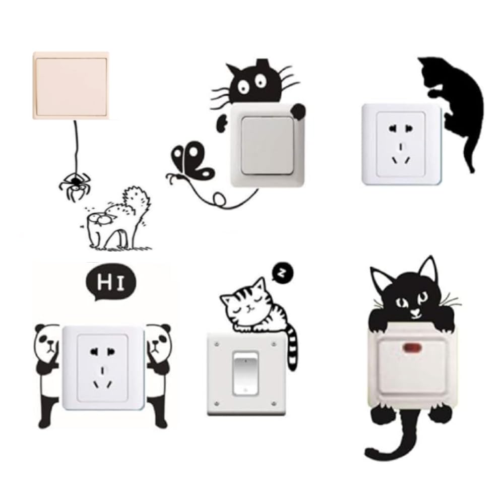 Removable Switch Sticker, 6 Pcs Cute Cats, Panda and Butterfly Cartoon Wall Sticker Decor, Family Light Switch Decals DIY Kids Bedroom Car Office Home Decoration