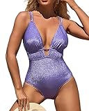 Charmo Shiny Shirred Tunneled Padded One Piece Bathing Suits Women Plunge V Neck Swimsuit Sparkling Monokinis Purple M