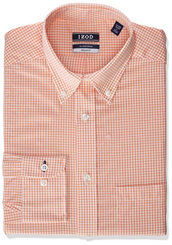 IZOD Men's Dress Shirt Regular Fit Stretch Button Down Collar Check, Tangerine, 15
