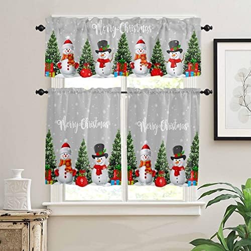 YOKOU 3 Piece Curtains Tiers and Valances Set, Merry Christmas Tree Snowman Gift Snowflake Winter Gray Rod Pocket Short Window Treatment Tiers Curtains Panel and Valance for Cafe Bathroom Kitchen