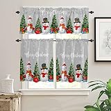 YOKOU 3 Piece Curtains Tiers and Valances Set, Merry Christmas Tree Snowman Gift Snowflake Winter Gr
