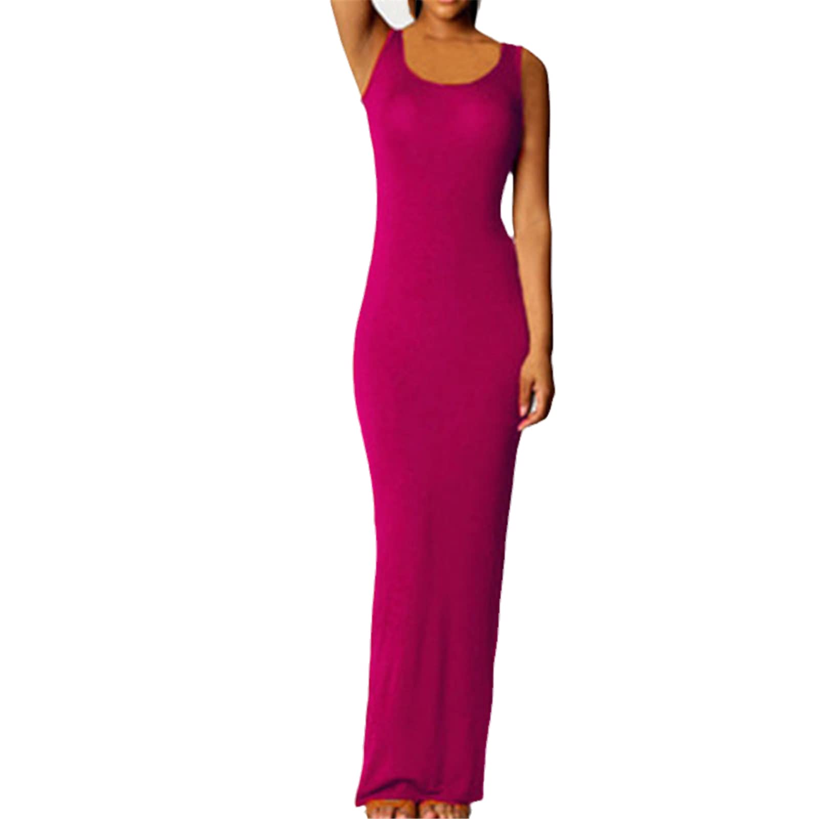 Ownwfeat Vestido largo sin mangas de alta elasticidad con cuello redondo para mujer, vestido largo sólido delgado