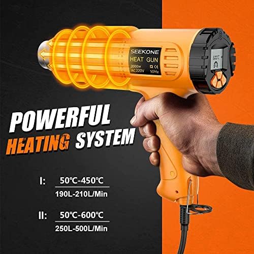 SEEKONE Professional Heat Gun 2000W 50- 600 with Large Digital LCD Display Industrial Hot Air Gun Kit Variable Temperature Control, Power-On Memory, - Conversion, Power-Off Delay Function
