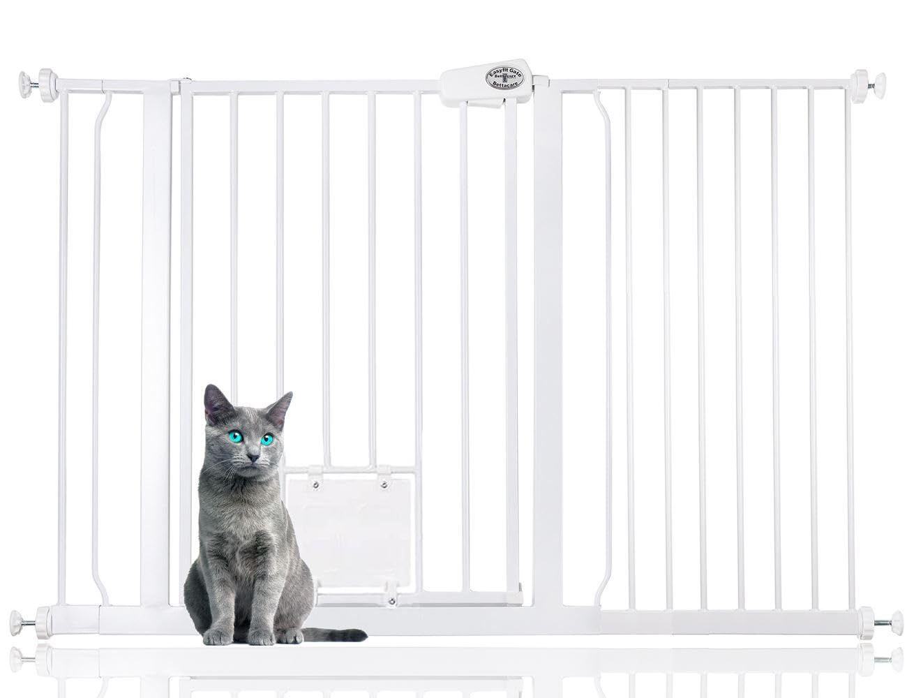Bettacare Pet Gate with Lockable Cat Flap, 126.7cm - 134.3cm, White, 75cm in Height, Dog Safety Barrier with Cat Flap, Easy Installation