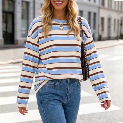 Oversized Sweatshirt for Women Striped Crewneck Sweatshirt Color Block Top — view 2