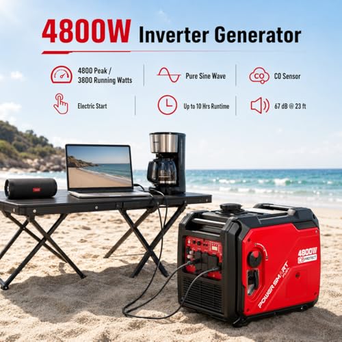 Image of PowerSmart 4800W Portable Inverter Generator, Gas Power with Electric Start, Quiet & Parallel Ready and 30A Outlet, CO Guard, RV Ready & Home Backup, Gas Powered, Quiet & Clean Power