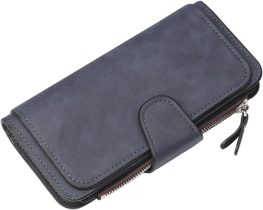 Women's Wallets Leather RFID Blocking Slim Wallet Bifold Card Holder Card Cases With Zipper Coin Pocket ID Window (Navy blue)
