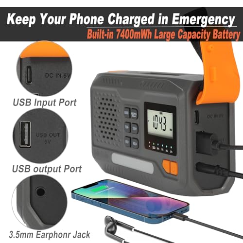 Image of 7400mWh Emergency Weather Radio, Solar Hand Crank NOAA AM FM Portable Radio | Built-in Flashlight, Phone Charger, SOS Alarm & Digital Display, Perfect for Hurricane Survival Camping Outdoor Emergency Use