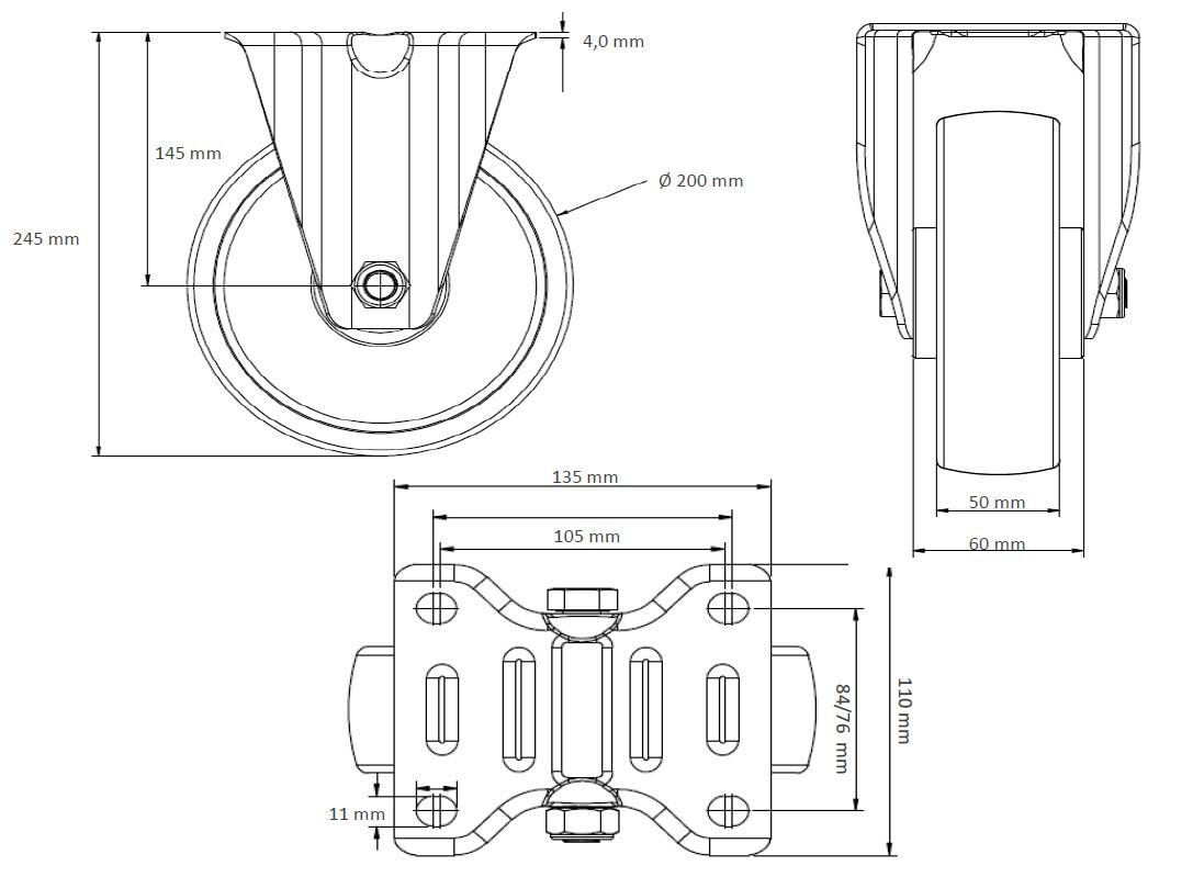Rollensatz 2 Lenk- + 2 Bockrollen 200 mm PU/Elastik "Schwerlast"
