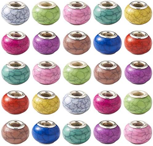 PandaHall 100pcs Faceted Murano Lampwork Glass Beads 14mm Large Hole European Glass Beads with Silver Color Core for Jewelry Making