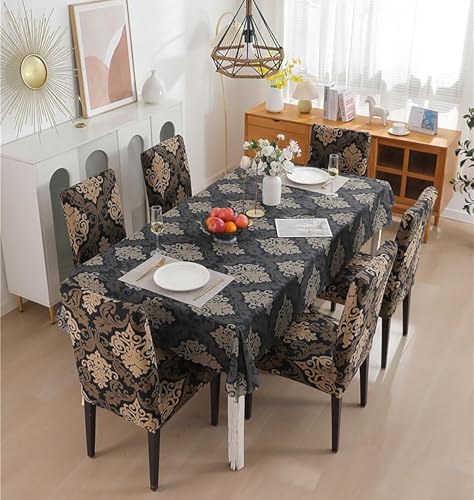 Image of Styleys Dining Chair Cover with Table Covers for Kitchen Waterproof Dining Table Cloth (1 Table Cover + 6 Chair Cover, Royal Black /Gold, CTSLMC123)