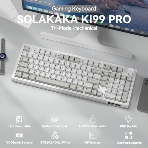 Image of SOLAKAKA KI99 Pro 96% Wireless Mechanical Keyboard, RGB Gaming Keyboard, Hot-Swappable Pre-Lubed Switches, Gasket Structure Creamy Keyboards (Graywhite, Silent Switch)