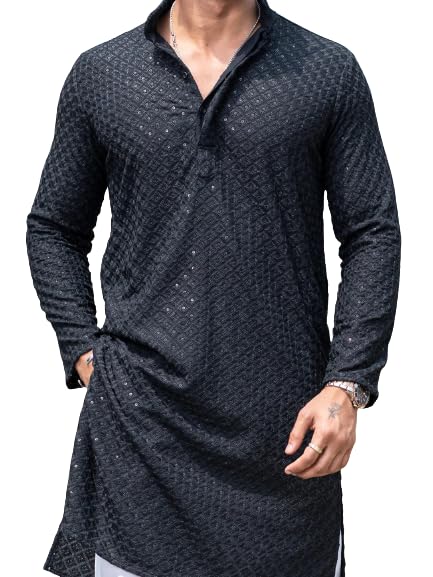 Image of Men's Floral Embroidered Cotton Rich Traditional and Lakhnavi Ethnic Wear Straight Partywear Kurta Set Pack Of 01.