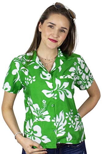 King Kameha Funky Hawaiian Blouse Shirt, Shortsleeve, Hibiscus, Green, M