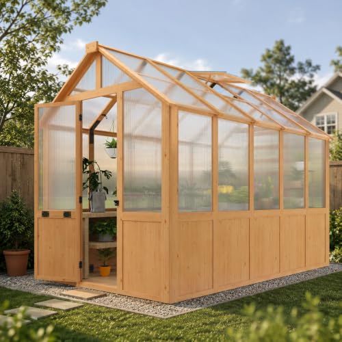 Image of EROMMY 6x10 FT Wooden Greenhouse for Outdoors, Walk-in Greenhouse Kit with 4mm Polycarbonate Panels, Adjustable Roof Vent, Lockable Door, Backyard Greenhouse for Plants and Vegetables