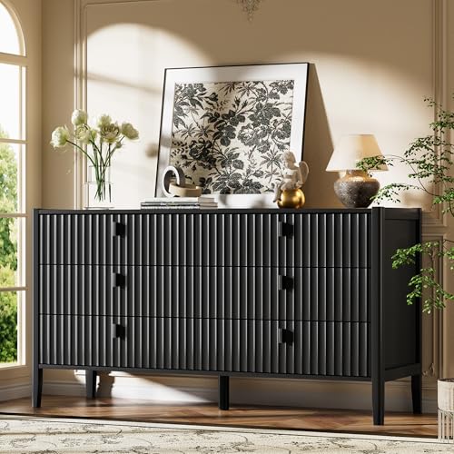 Image of Furniway Black 6 Drawer Dresser, Modern Wide Dresser for Bedroom, Fluted Wood Chest of Drawers with Metal Handles for Clothes, Storage Cabinet for Living Room, Entryway, Office
