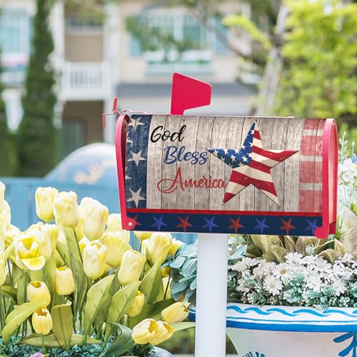 Image of American Flag Patriotic Mailbox Cover Magnetic USA Independence Day Mailbox Cover Standard Size 25.5 x 21 4th of July Memorial Day Mailbox Wrap Post Letter Box Cover Decorative for Home Outdoor Garden