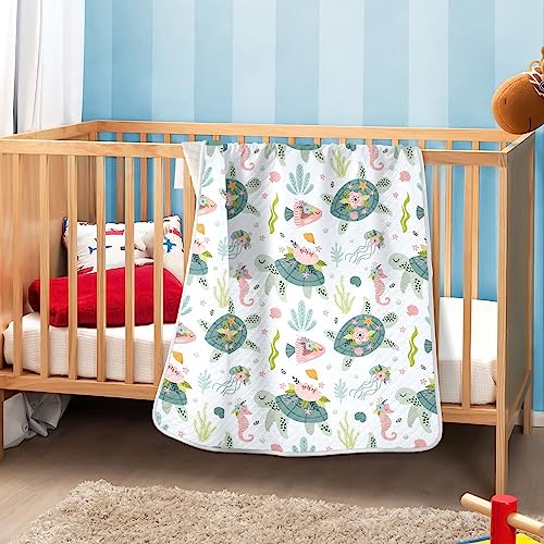 Image of Swaddle Blanket for Turtle Sea Horse Baby Receiving Blanket Muslin Baby Swaddles Soft Cotton Breathable Nursery Blankets for Unisex Boys and Girls 30x40 Inch