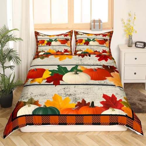 Pumpkin Bedding Duvet Cover Set Geometric Plaid Bedding Set Boys Girls Fall Pumpkin Festival Decor Comforter Cover Set Microfiber Thanksgiving Bedspread Cover Bedroom Bedclothes Twin Size