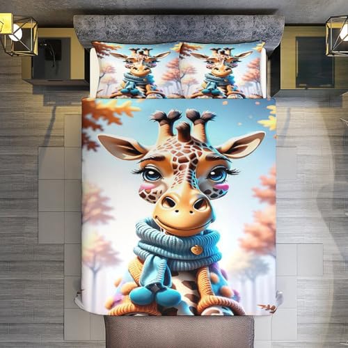 Parure de lit girafe 220x240 cm en microfibre avec housse de couette et taies d'oreiller