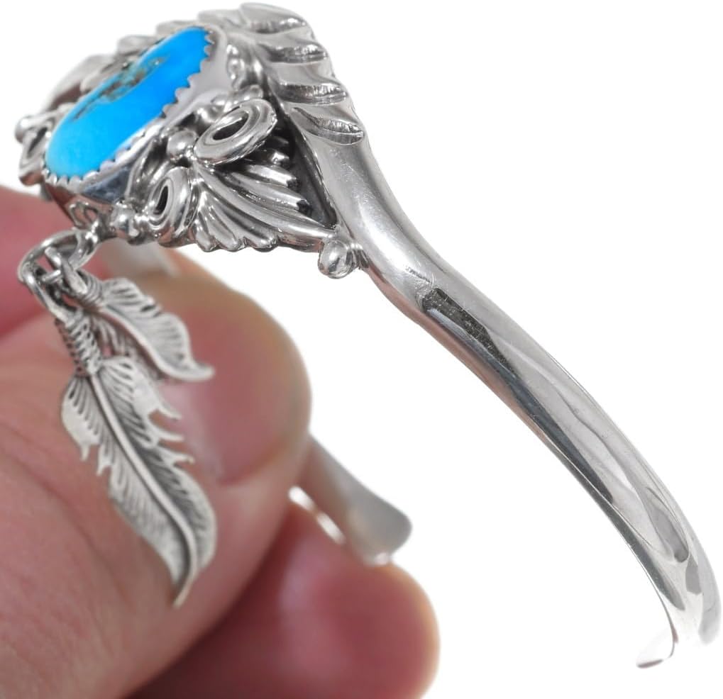 Pretty Navajo Sleeping Beauty Turquoise Silver Bracelet With Hammered Feather Dangles Sterling Cuff 0450