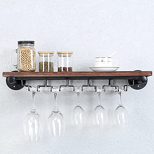 Industrial Pipe Shelving Hanging Stemware Racks,Rustic Wall Mounted Wine Rack With 5 Glass Holder,24In Steampunk Iron Floating Bar Shelves,Metal Real Wood Shelf Wall Shelf Stemware Holder #TOP4
