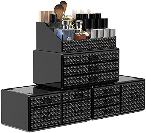 Awenia 4 Pack Stackable Makeup Organizer[Upgraded],Acrylic Cosmetics Storage Cases with 11 Drawers Perfume Organizers For Brush Holder or Jewelry Display,Plus Size(Black)