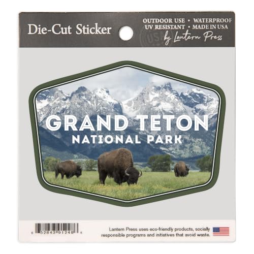 Image of Lantern Press Sticker Grand Teton National Park, Wyoming, Buffalo and Mountain Scene, Die Cut Vinyl, (Waterproof Decal for Cars, Water Bottles, Laptops, Coolers), Small