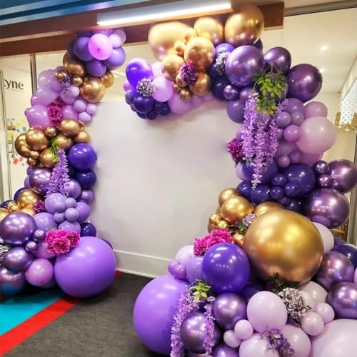 Image of Purple Balloon Arch Kit, ADOINBY 153Pcs Different Sizes inch Lavender Metallic Purple and Gold Balloons and Confetti Party Balloon Garland Kit for Women Birthday Baby Shower Wedding Party Decorations