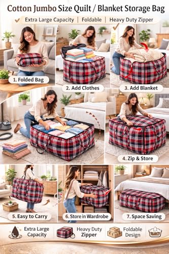 Image of HOUSE FOX Jumbo XXXL Cotton 142 Litre Underbed Storage Bag for Double Blanket | Quilt | Clothes | Traveling Storage Bag Heavy Zipper & Strong Handle MultiPurpose Size -70x60x34 Cm (Red Black, 2 Pcs)