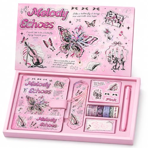 Image of PLUSPOINT Butterfly Aesthetic Scrapbook Kit for Girls - A5 Lock Diary Melody Echoes Theme with Stickers, Washi Tape, Memo Pads & Pen, Kawaii Journal Stationery Gift Set for DIY Scrapbooking