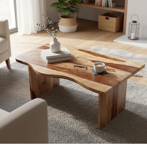 Image of Sheesham Wood Coffee Table for Living Room | Japandi Low Height Center Unit with Curved Edge Top | Modern Floor Seating Tea Furniture Thick Panel Base | Minimal Wooden Cocktail Piece | Teak Natural