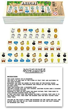 HENBRANDT Animal Dominoes Set for Children  28 Pieces in Wooden Box  Traditional Kids Domino Matching Game with Jungle Animals