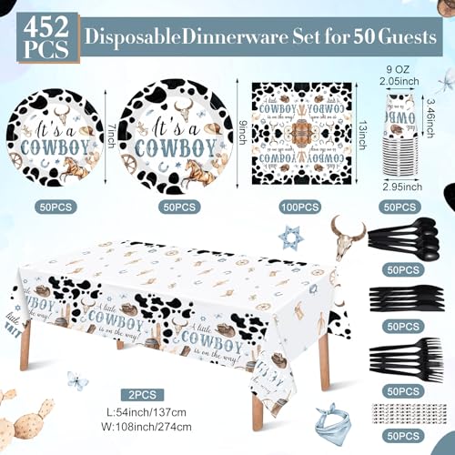 Image of Funnymoom 452 Pcs Cowboy Baby Shower Party Decorations Include a Little Cowboy Is on the Way Paper Plates Napkins Cups Tablecloth Cutlery Straws for girl Girl Baby Shower Party Supplies