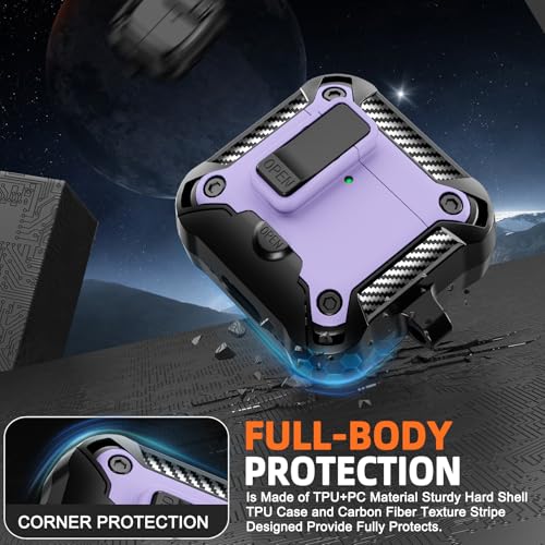 Image of Compatible with AirPods 4 Case with Phone Stand,Automatic Snap Switch Lock,Carbon Fiber Texture Design Cover with Cleaner Kit (Purple,for AirPods 4)