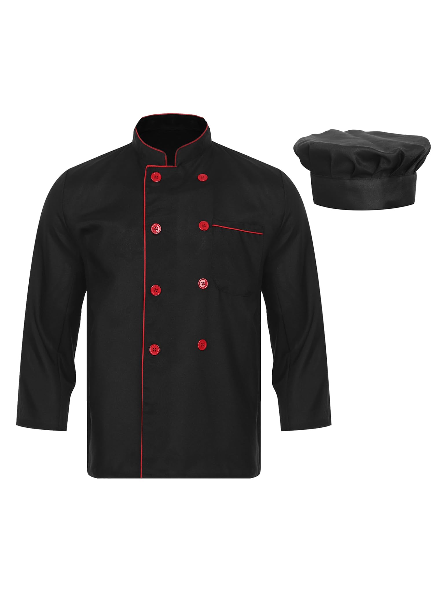 Jan Jean Unisex Kitchen Restaurant Work Uniform Long Sleeve Double-Breasted Chef Jacket with Hat 2 Pcs Outfit Black 4X-Large