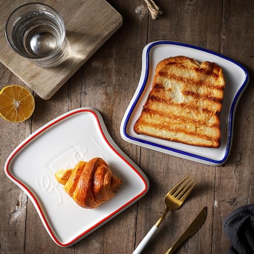 Image of Ceramic Toast Shape Serving Plate | Snack Plate for Breakfast | Decorative Dessert Plate | Microwave Safe Ceramic Plate | Unique Shaped Plate for Kitchen | Gifting Plate | Blue | 1 Piece