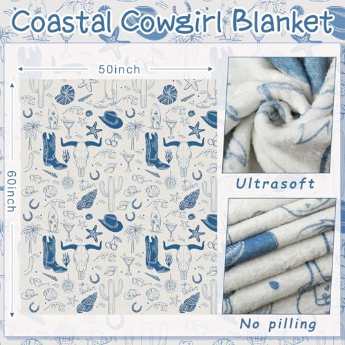 HunnmingRe Coastal Cowgirl Throw Blanket 50 x 60 Inches Blue Velvet Soft Plush Preppy Blanket with Cowboy Hat Boots Horseshoe Seashell for Summer Boho Gifts Couch Bed Sofa Chair Birthday Decor - Image 6