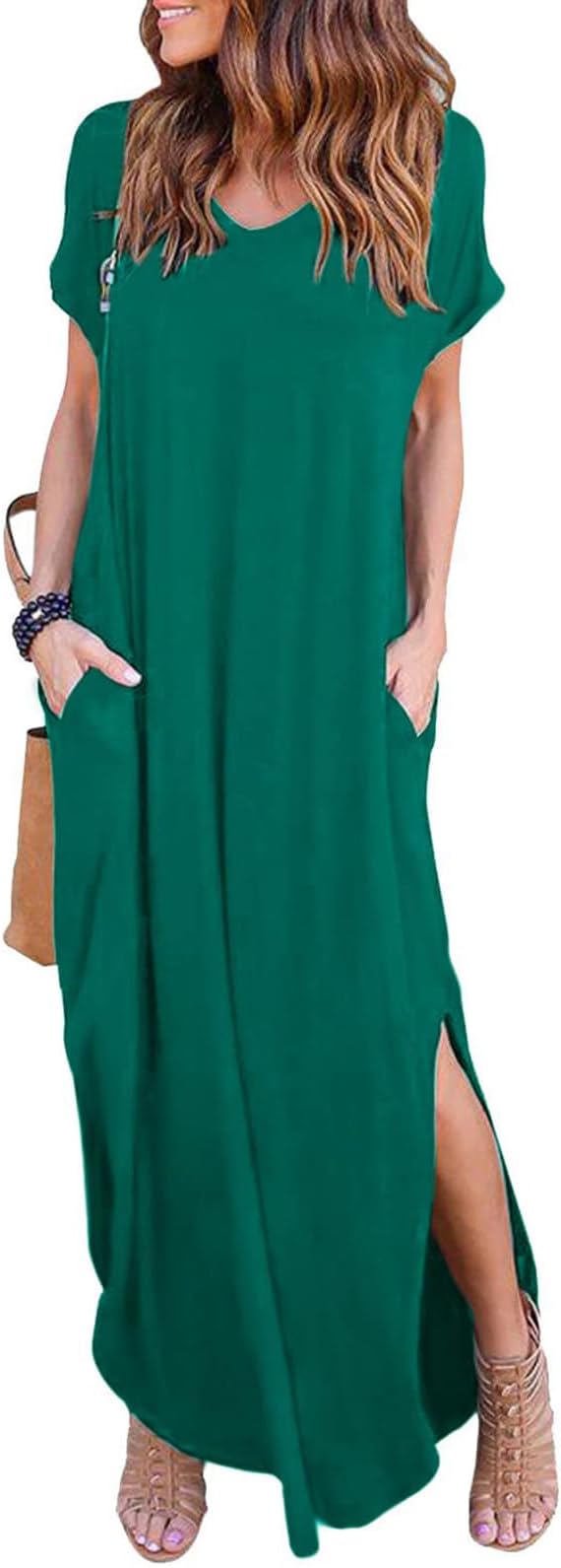 Women's Summer Maxi Dress Casual Loose Pockets Long Dress Short Sleeve Split Maxi Dresses