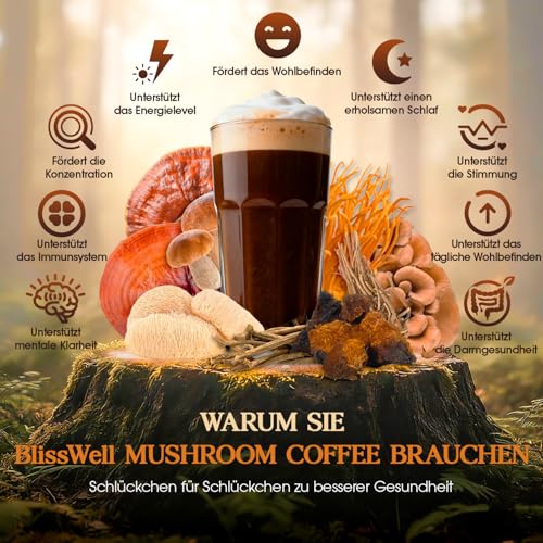 BlissWell Pilzkaffee – Mushroom Coffee in 32 Einzeldosisbeuteln (192 g) | 7 Pilzextrakte + Ashwagandha, L-Theanin & Baldrian… – Ansicht 3