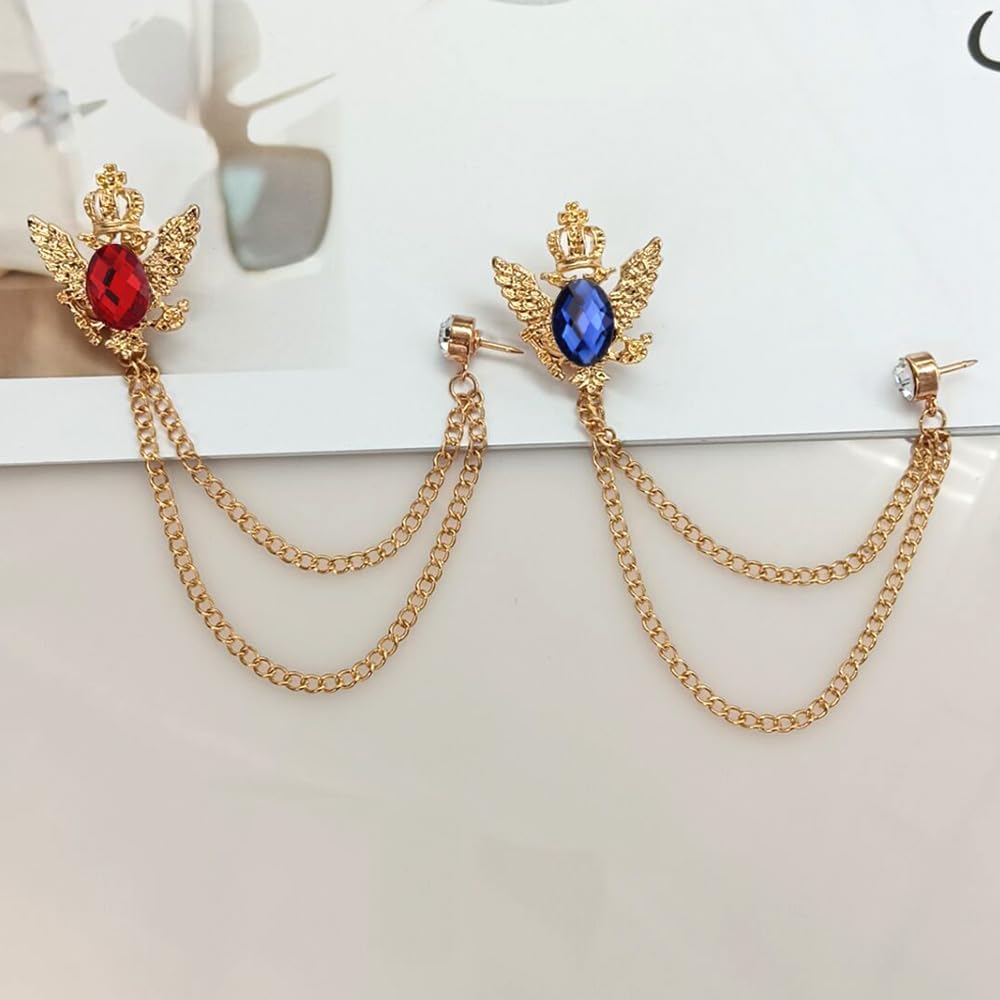 3PCS Men's Brooch Hanging Chain Brooch Black Blue Red Stone Animal Double Headed Eagle Tassel Suit Pin Metal Crystal Brooch Suit Stud Lapel Pin Vintage Rhinestone Breastpin Wedding Brooch Pin, Gold