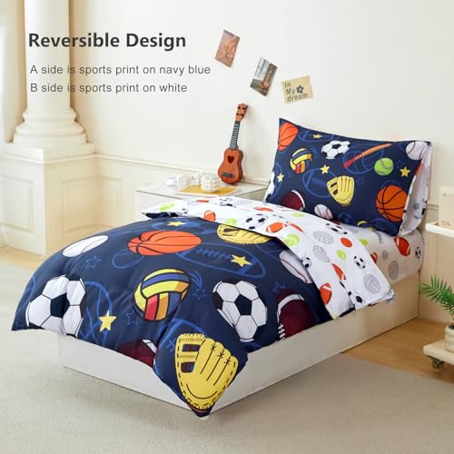 Image of PERFEMET Sports Toddler Bedding Set, 3D Soccer Baseball Football Basketball 4 Pieces Comforter Set with Sheets and Pillowcases, Ultra Soft Navy Blue Bed in A Bag Toddler Bed Set for Kids Boys Girls