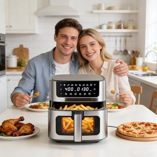 Image of NEWBULIG Air Fryer 6.34QT Airfryer with Visible Window 400℉ Fast Heating Stainless Steel Air Fryers Oven with Nonstick and Dishwasher-Safe Basket 8-in-1 Cooking Preset with Timer Auto-Off